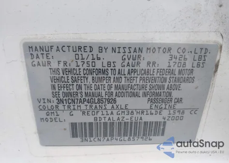 2016 Nissan Versa 1.6 S/1.6 S+/1.6 Sl/1.6 Sv from USA, damaged, VIN 3N1CN7AP4GL857926